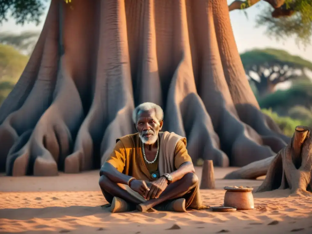 Un anciano africano con escarificaciones faciales detalladas bajo la sombra de un baobab rodeado de símbolos numéricos antiguos