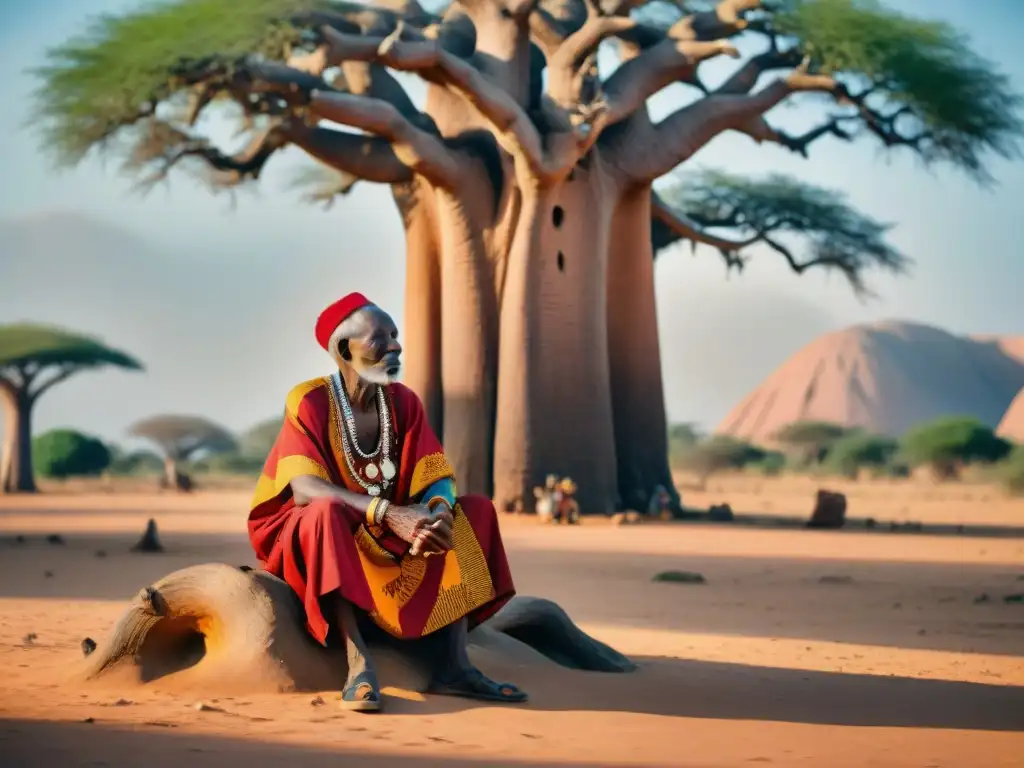 Anciano africano comparte sabiduría bajo baobab, preservación espiritualidad ancianos civilizaciones africanas