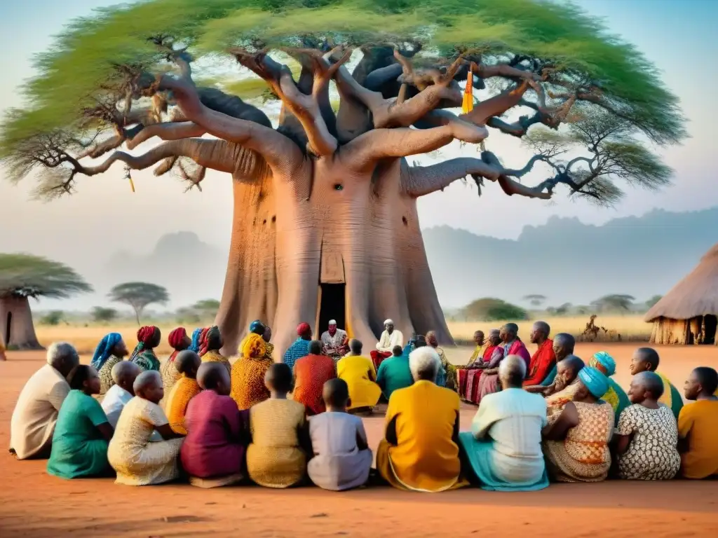 Un anciano africano relata una historia bajo un baobab, rodeado de niños atentos