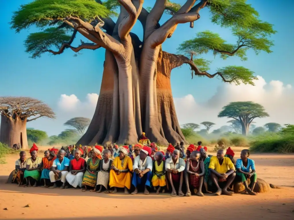 Un anciano africano relata historias de antiguas civilizaciones a niños, bajo un baobab