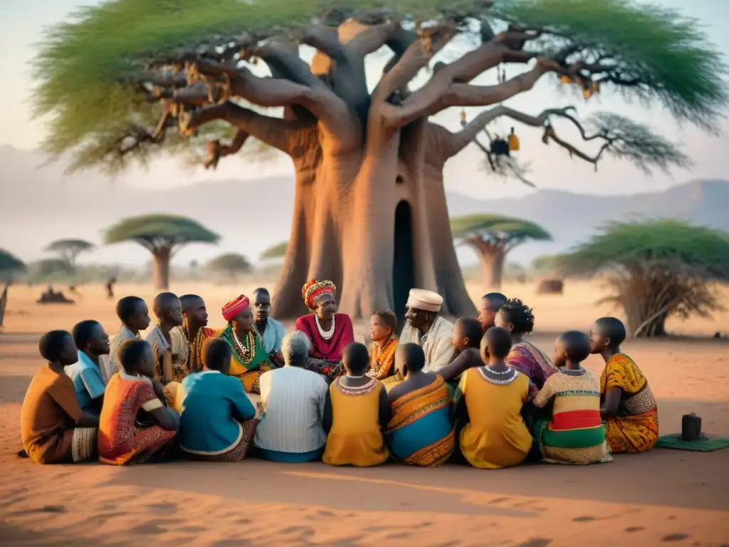 Un anciano africano cuenta historias bajo un árbol baobab, rodeado de niños