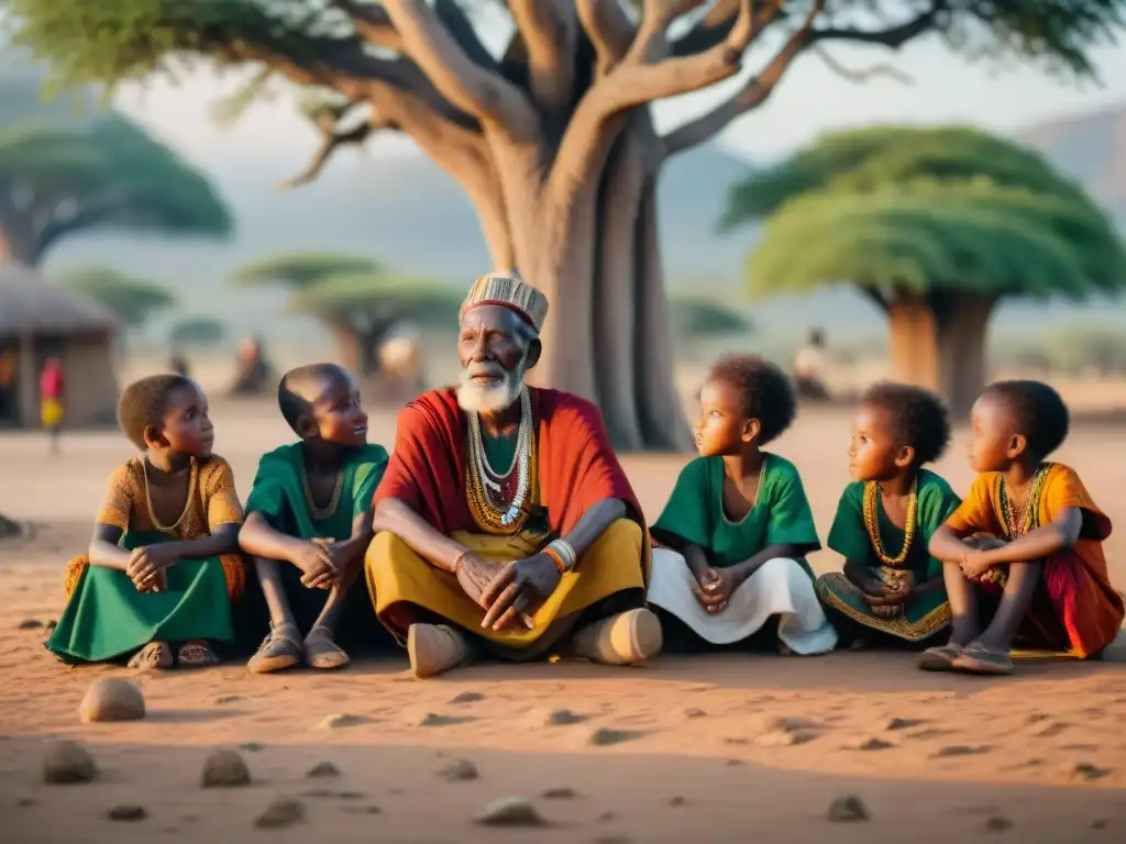 Anciano africano cuenta historias bajo árbol baobab, niños asombrados