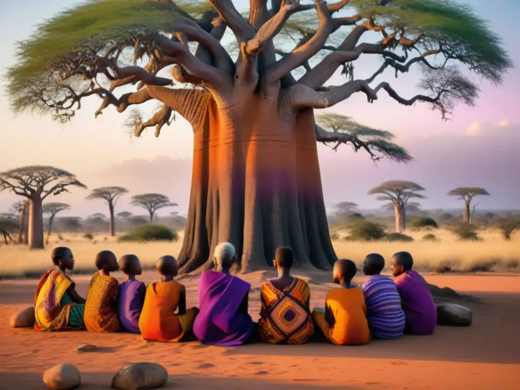 El sabio cuento del griot africano: asombro y tradición bajo el baobab Un anciano griot africano, contando historias bajo un baobab, rodeado de niños asombrados