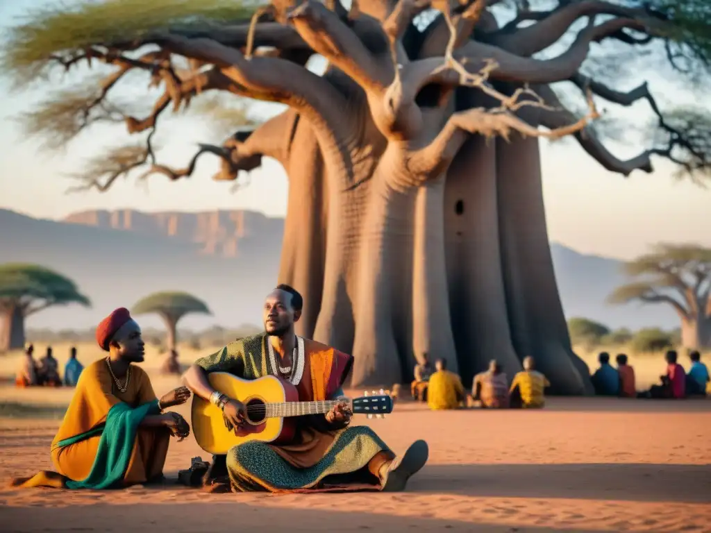 Un anciano griot africano relata historias bajo un baobab a oyentes diversos