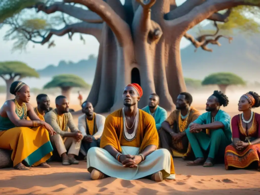 Un anciano griot africano cuenta historias bajo un baobab, con una audiencia variada