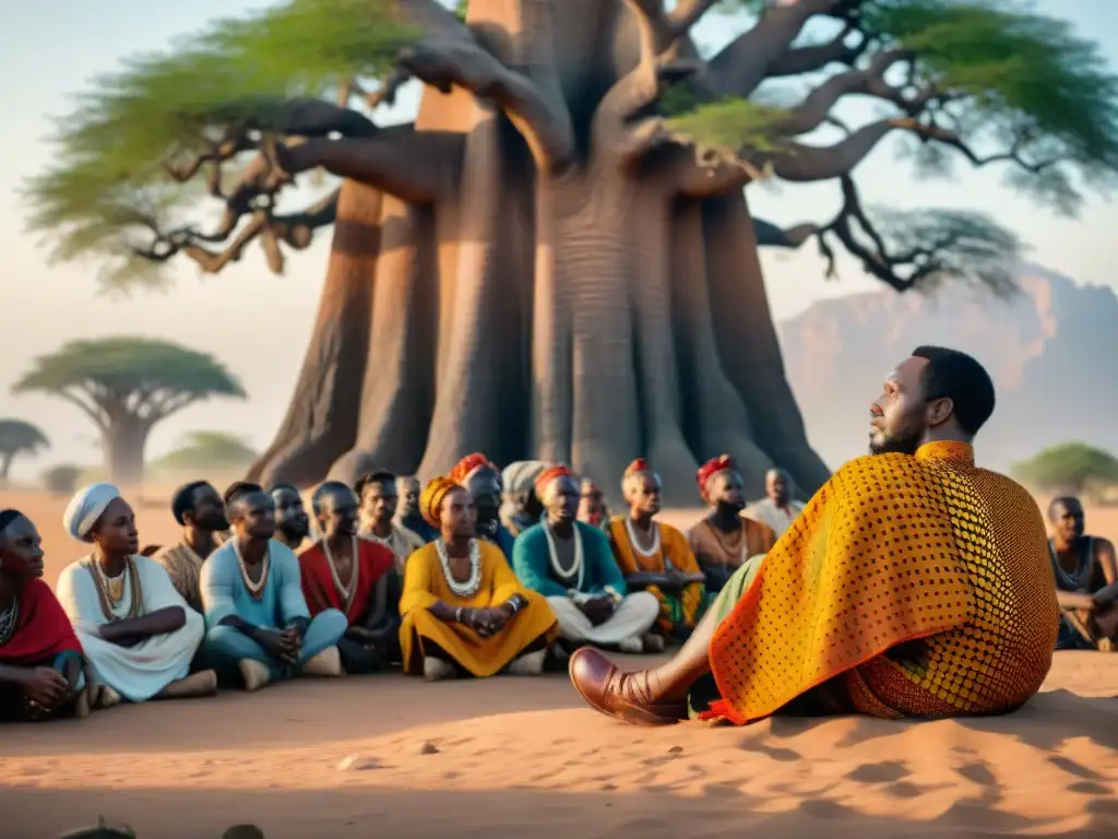 Un anciano griot africano cuenta historias bajo un baobab al atardecer