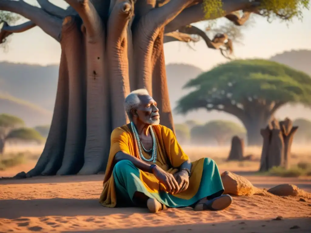 Narrador africano comparte cuentos bajo baobab al atardecer Anciano africano cuenta historias bajo un baobab, niños atentos, escena cálida y mágica