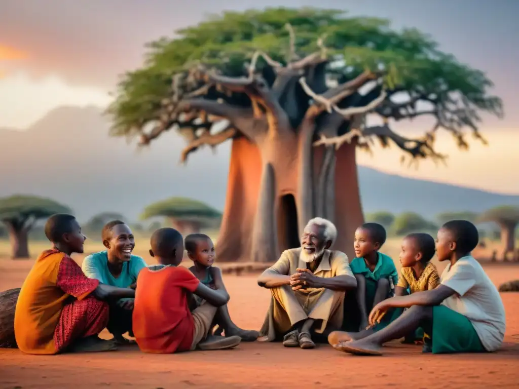 Un anciano griot africano narra historias bajo un Baobab, rodeado de niños atentos en una puesta de sol africana vibrante