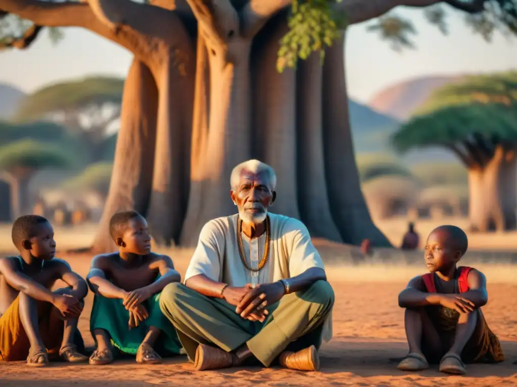 Un anciano griot africano relata historias bajo un baobab, rodeado de niños atentos