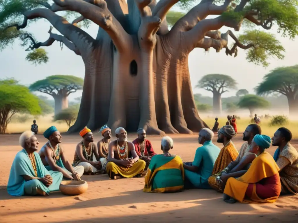 Un anciano griot africano comparte historias bajo un baobab con su comunidad atenta