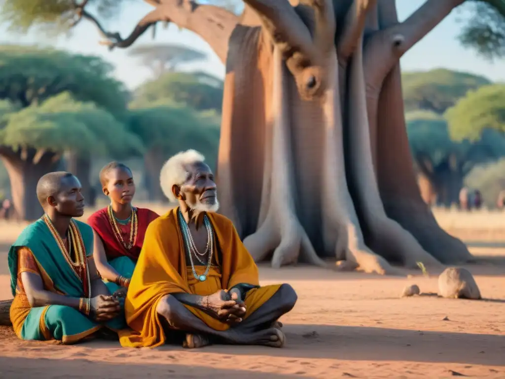 Un anciano griot africano comparte historias bajo un baobab con niños atentos