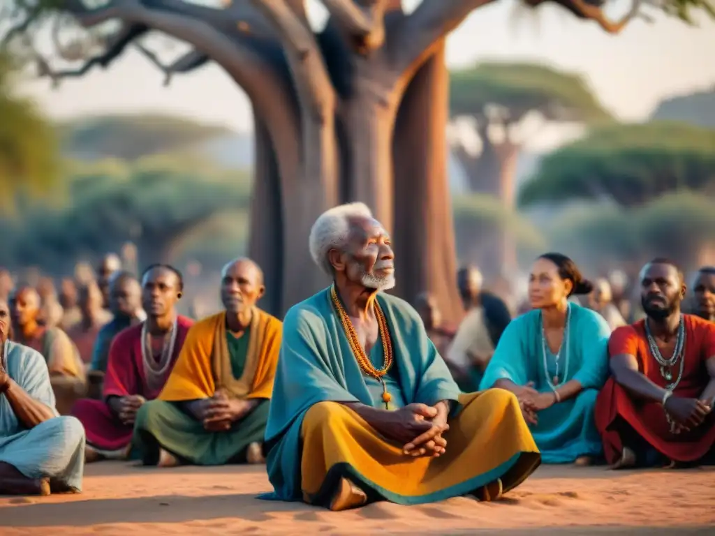 Un anciano griot africano narra historias bajo un baobab a una audiencia diversa, mostrando la tradición de la oralidad