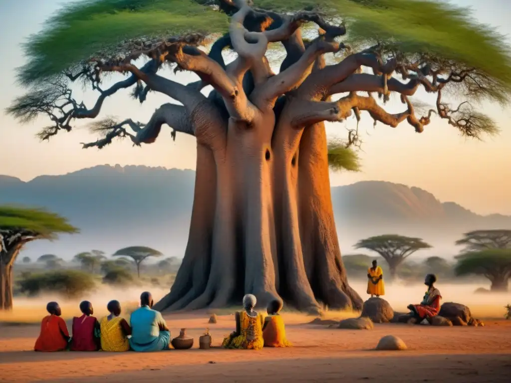 Un anciano griot africano cuenta historias bajo un baobab, rodeado de niños atentos al atardecer