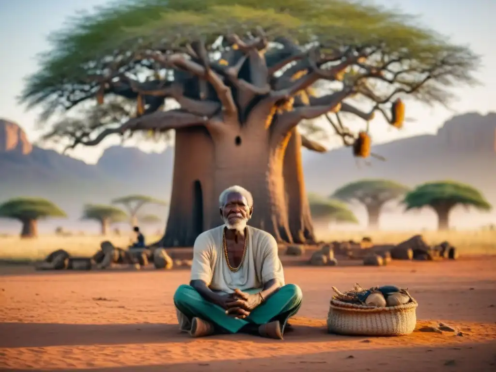 El sabio griot: cuentos bajo el baobab Un anciano griot africano cuenta historias bajo un baobab al atardecer, destacando la importancia de preservar tradiciones orales africanas