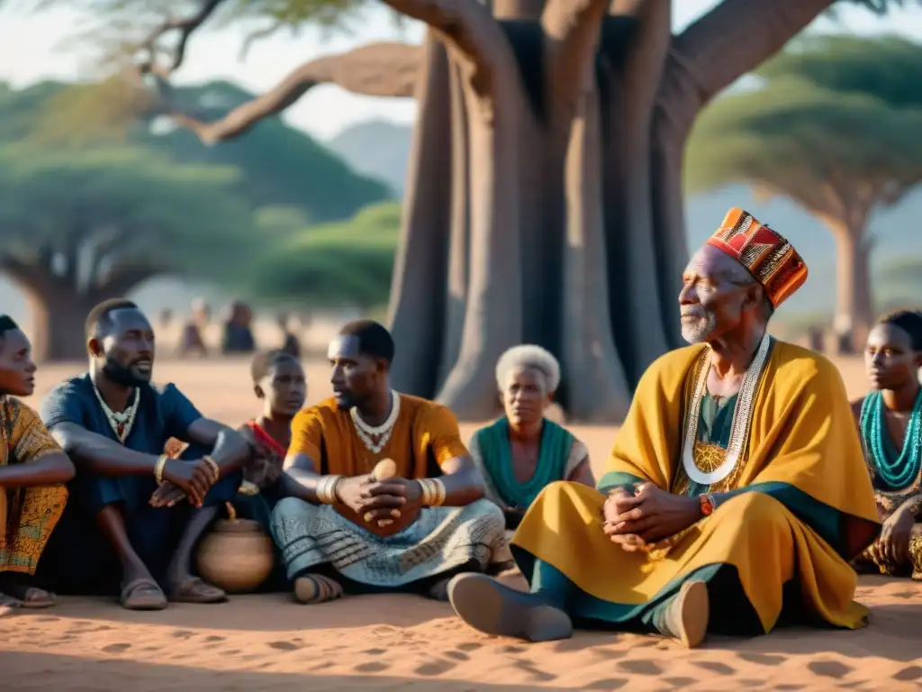 Anciano africano cuenta historias bajo baobab, resaltando la Importancia cuentos populares rituales africanos