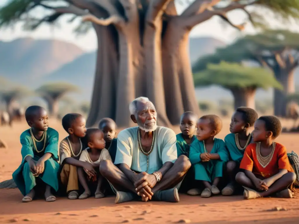 Anciano africano cuenta historias bajo baobab a niños, reflejando modernidad en tradiciones africanas