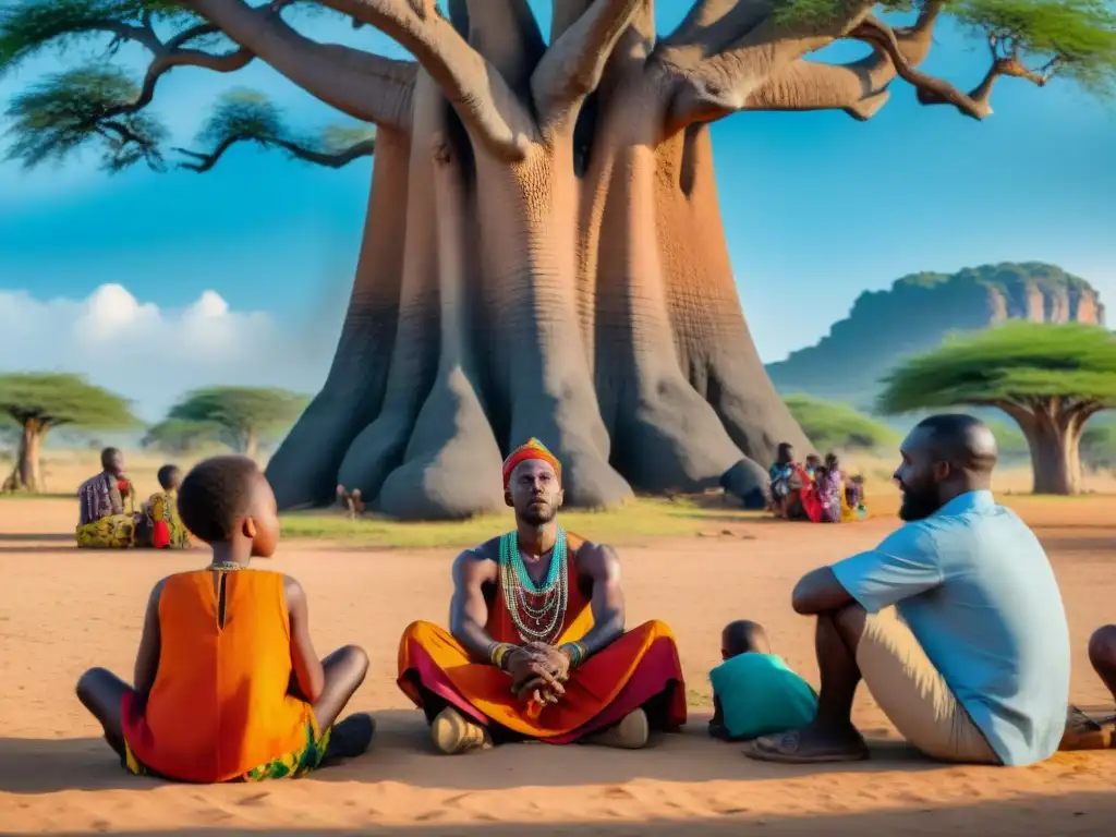 Un anciano griot africano narra historias a niños bajo un baobab, ilustrando la riqueza cultural