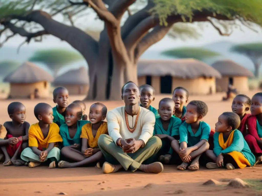Conmovedora narración africana bajo el árbol sagrado Un anciano africano comparte historias con niños bajo un árbol en una aldea rural al atardecer