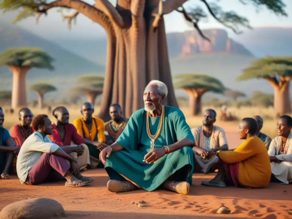 Anciano africano cuenta historias bajo baobab a oyentes cautivados, resplandor del sol, detalles vibrantes