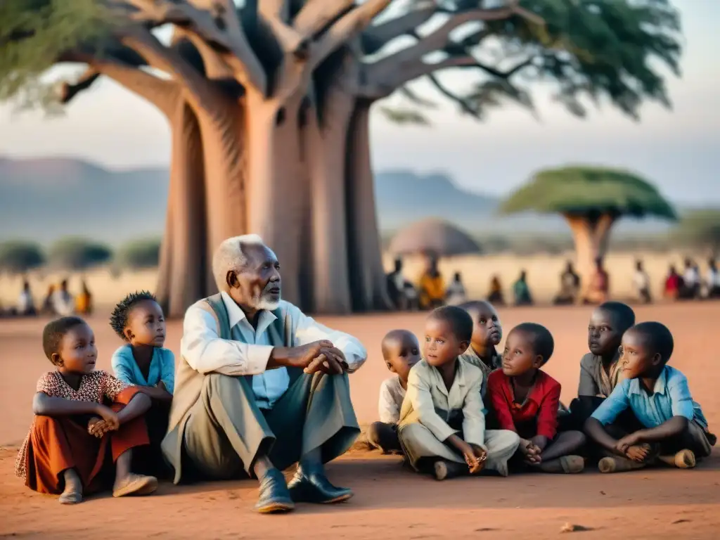 Narrador de historias: legado de resistencia en África Un anciano africano relata historias de resistencia y resiliencia a niños en un pueblo africano, bajo un baobab al atardecer