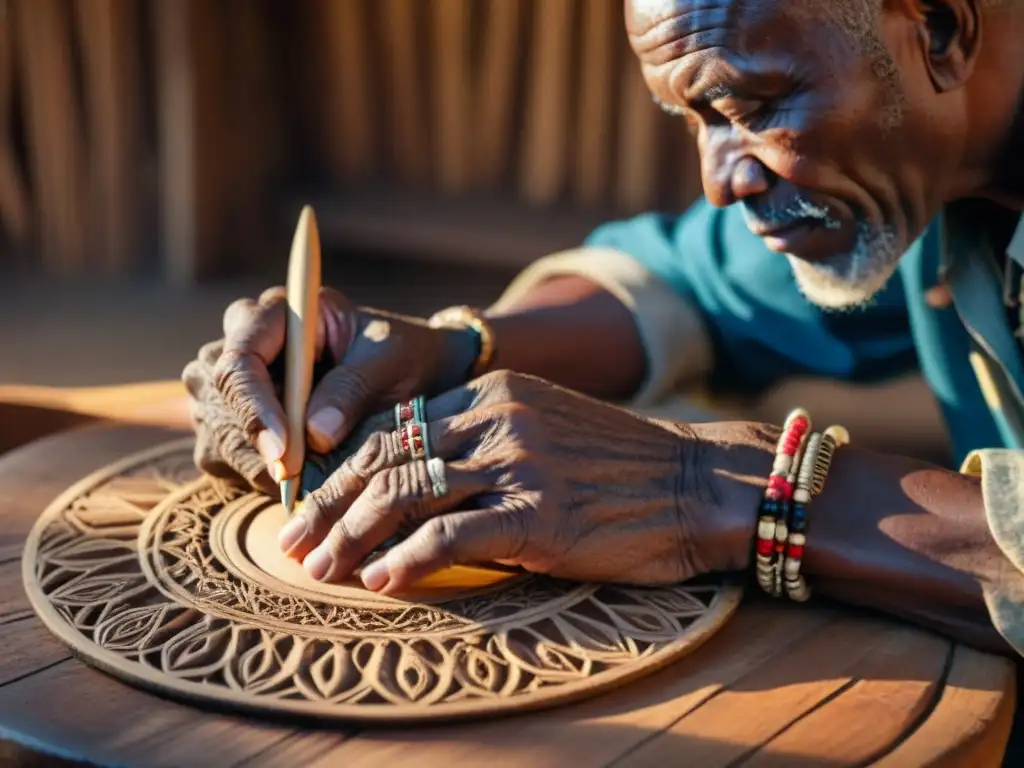 Un anciano africano talla con precisión un máscara de madera, destacando la profunda tradición cultural