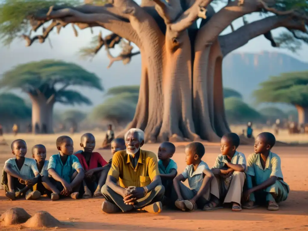 Anciano africano comparte sabiduría bajo baobab con niños atentos, resaltando la Importancia de Ancianos en África