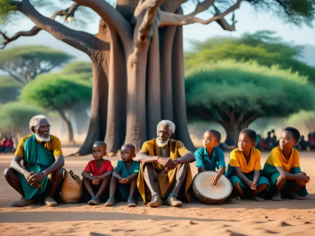 Un anciano africano con piel curtida y sabiduría, rodeado de niños bajo un baobab, en un ritual de vejez en África