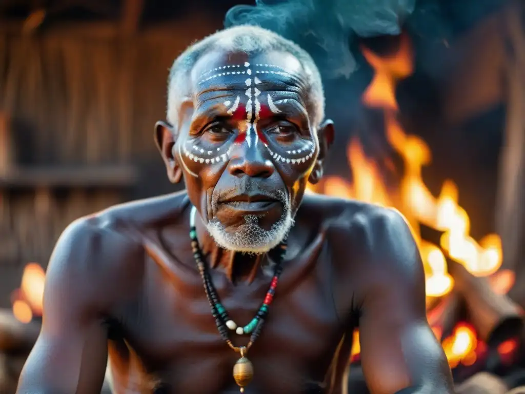 Un anciano africano con pintura facial tribal, frente a una fogata, expresión seria y contemplativa