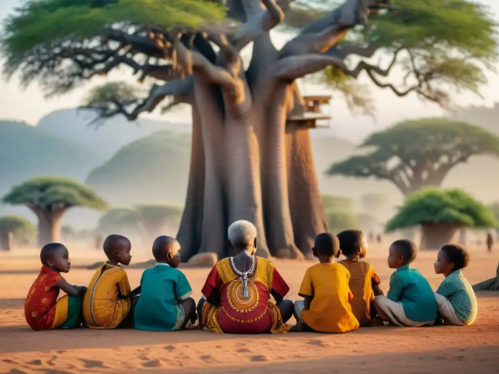 Un anciano griot africano comparte relatos orales bajo un baobab con niños atentos, enriqueciendo la historia de las civilizaciones africanas