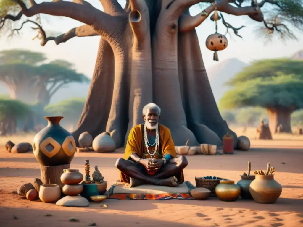 Un anciano chamán africano realiza un ritual de adivinación bajo un Baobab, rodeado de artefactos tradicionales africanos