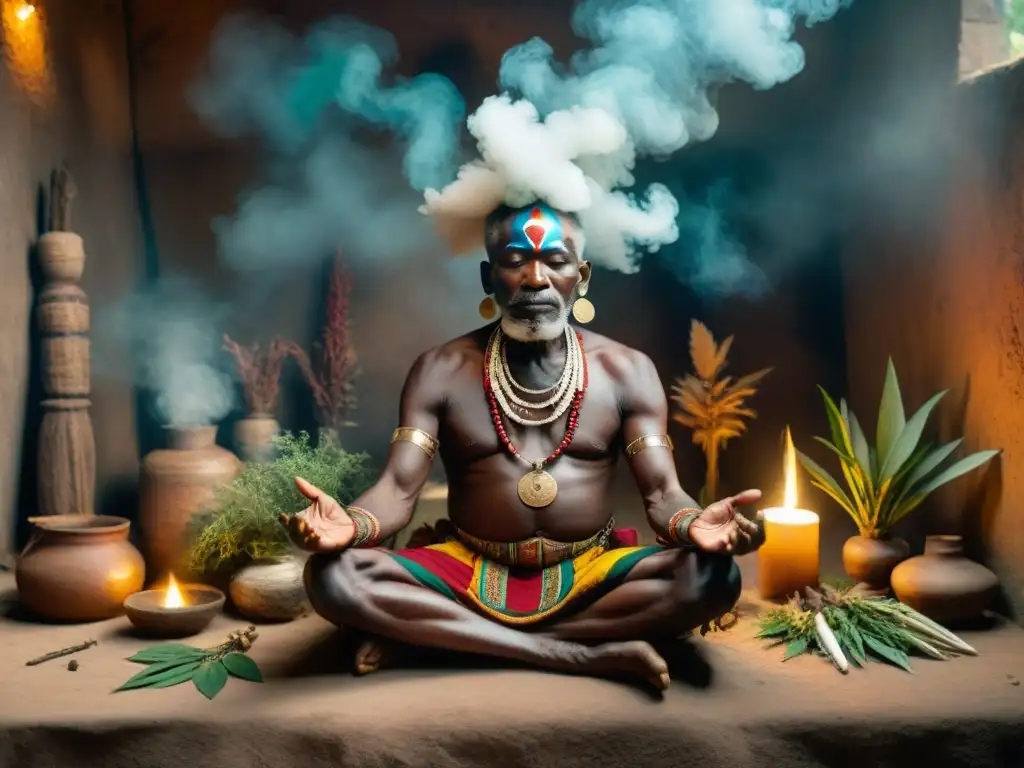 Un anciano chamán africano realiza un ritual de sanación en un ambiente místico con medicina espiritual en África