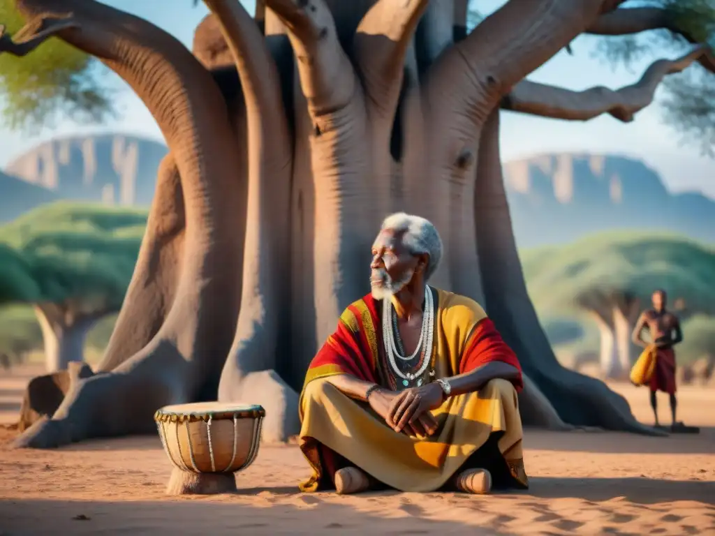 El sabio griot africano y su cautivadora audiencia bajo el baobab Un anciano griot africano, rodeado de niños atentos, relata historias bajo un baobab