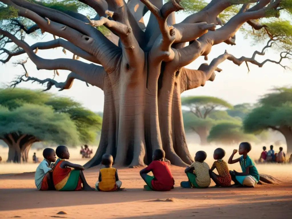 Un anciano africano comparte sabiduría con niños bajo un baobab, evocando proverbios africanos significado y enseñanzas