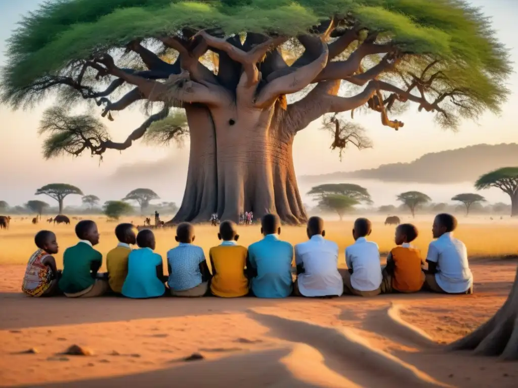 Un anciano africano comparte sabiduría con niños bajo un baobab al atardecer