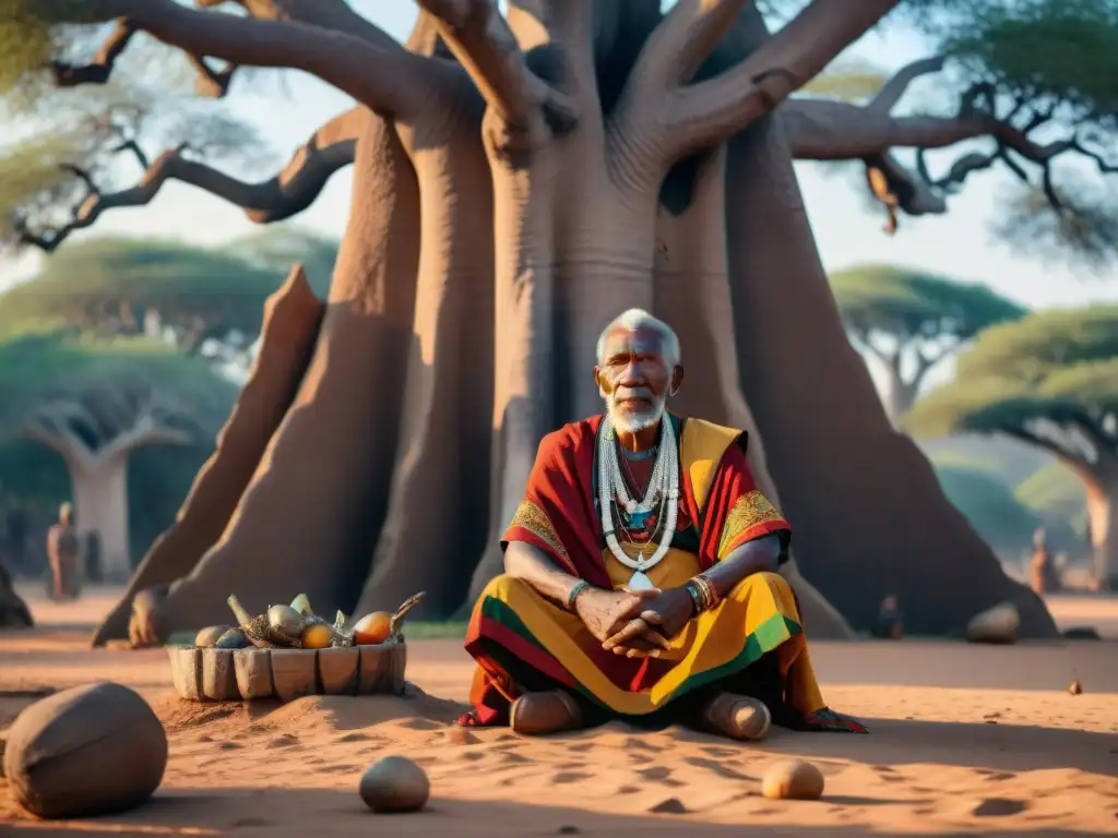 Un anciano africano reflexiona sobre el significado de los nombres rituales africanos bajo un baobab centenario