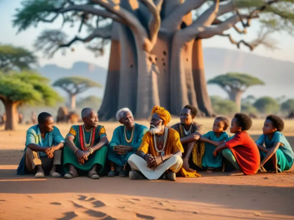 Un anciano griot africano comparte tradiciones orales bajo un baobab centenario, rodeado de niños asombrados