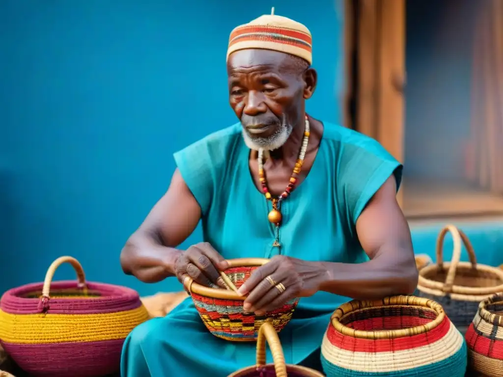 Un anciano teje una cesta africana rodeado de otras coloridas en un mercado al aire libre, destacando los deportes tradicionales en África