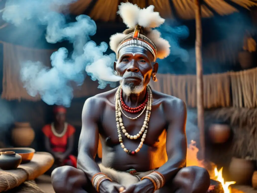 Un anciano chamán africano en un ritual de curación, rodeado de personas diversas en una choza iluminada por humo de hierbas