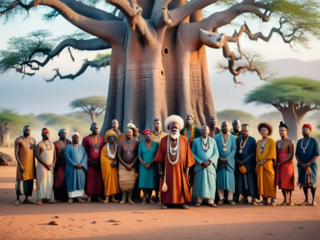 Un anciano chamán africano, rodeado de personas de diferentes tribus, realiza una ceremonia de sanación espiritual bajo un baobab