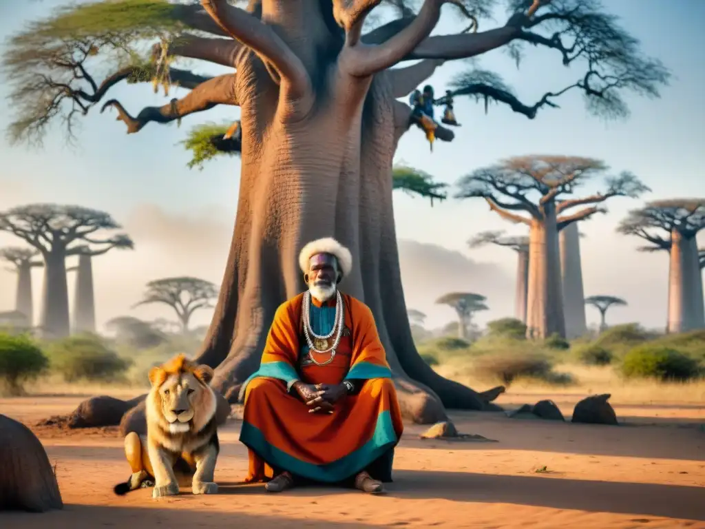 Un anciano chamán africano, vestido con atuendo tradicional vibrante, junto a un majestuoso león