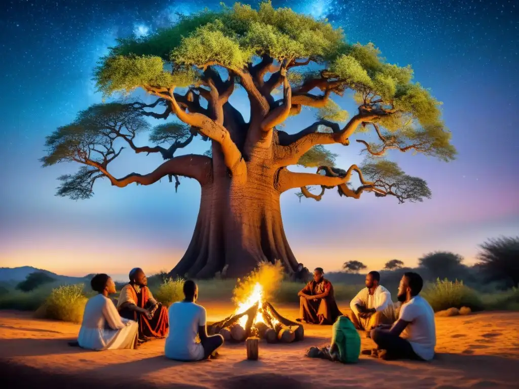 Un anciano cuentacuentos africano narra mitos y leyendas bajo un baobab, iluminado por el fuego, cautivando a su audiencia