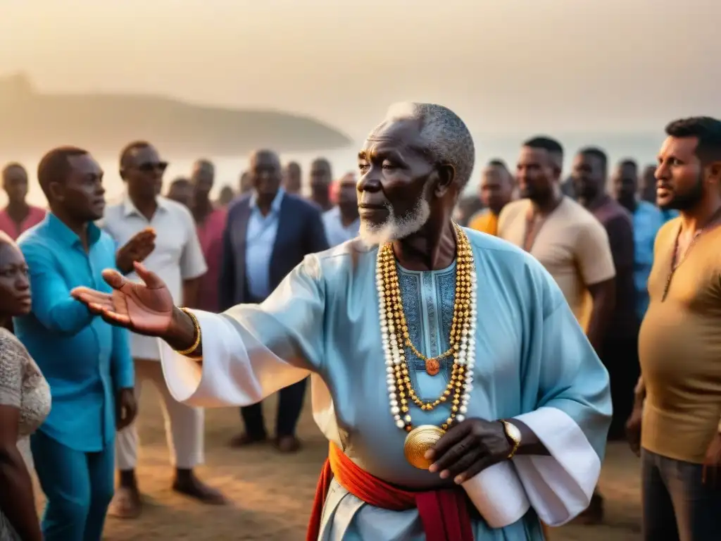 Un anciano Yoruba danza al atardecer rodeado de espectadores, resplandeciendo en la luz dorada