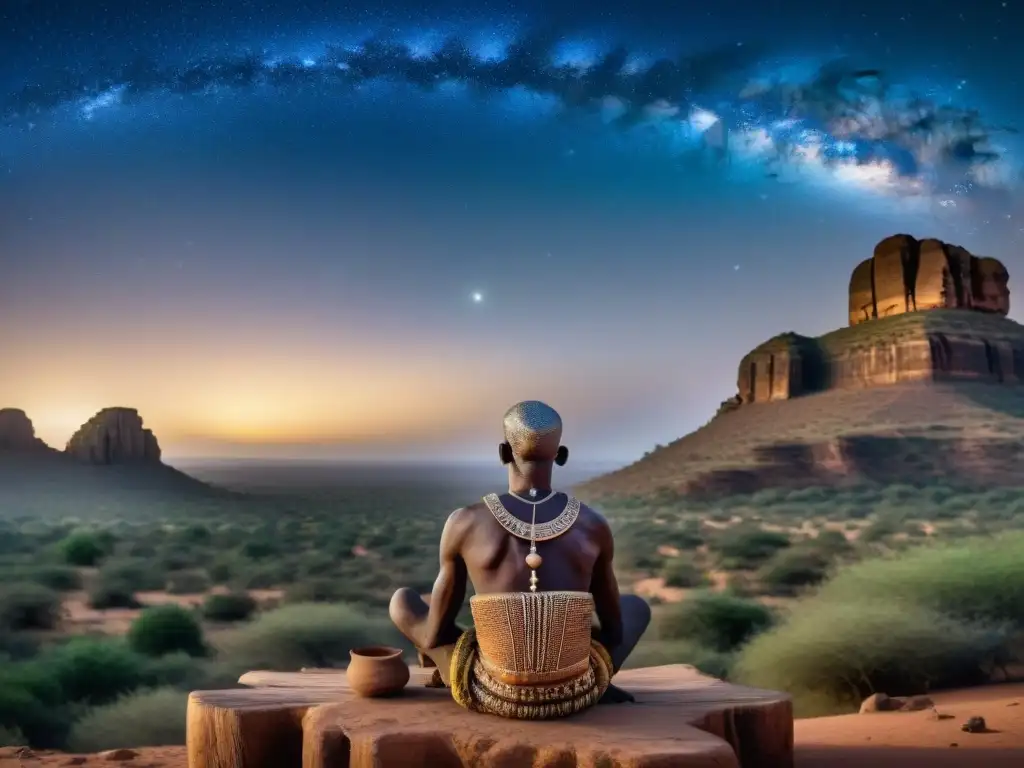 Un anciano Dogon señalando estrellas bajo el cielo estrellado de Mali, con la Escarpment de Bandiagara al fondo