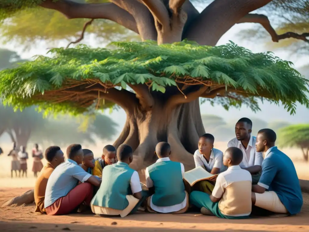 Clase de historia bajo el árbol: tradición educativa africana Un anciano enseña a jóvenes africanos bajo un árbol, en una escena de educación histórica