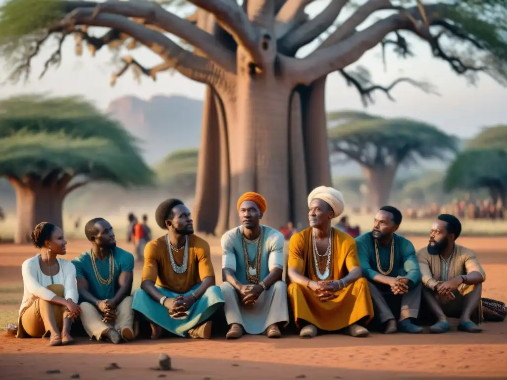 Un anciano griot bajo un baobab, cautiva a oyentes con historias de la historia de los griots africanos