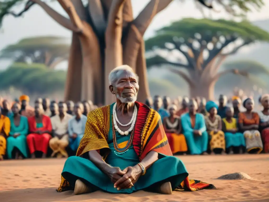 Un anciano griot, envuelto en trajes africanos, cuenta historias bajo un baobab, cautivando a su audiencia de todas las edades