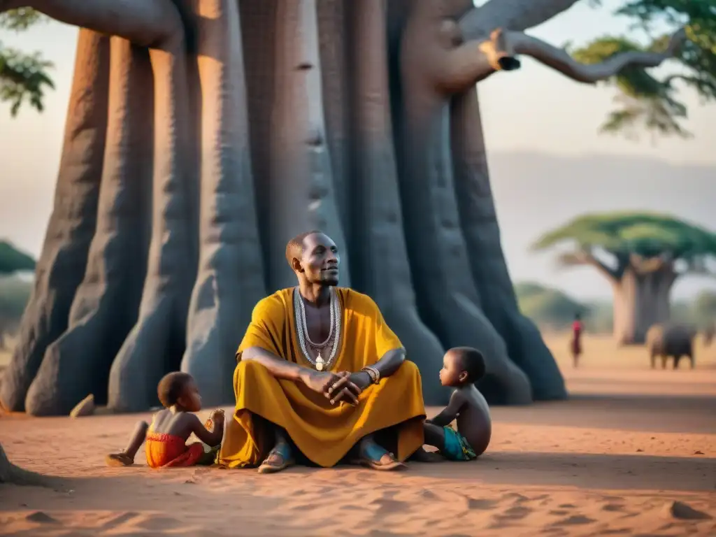 Un anciano griot guineano, rodeado de niños bajo un baobab, narrando historias al atardecer