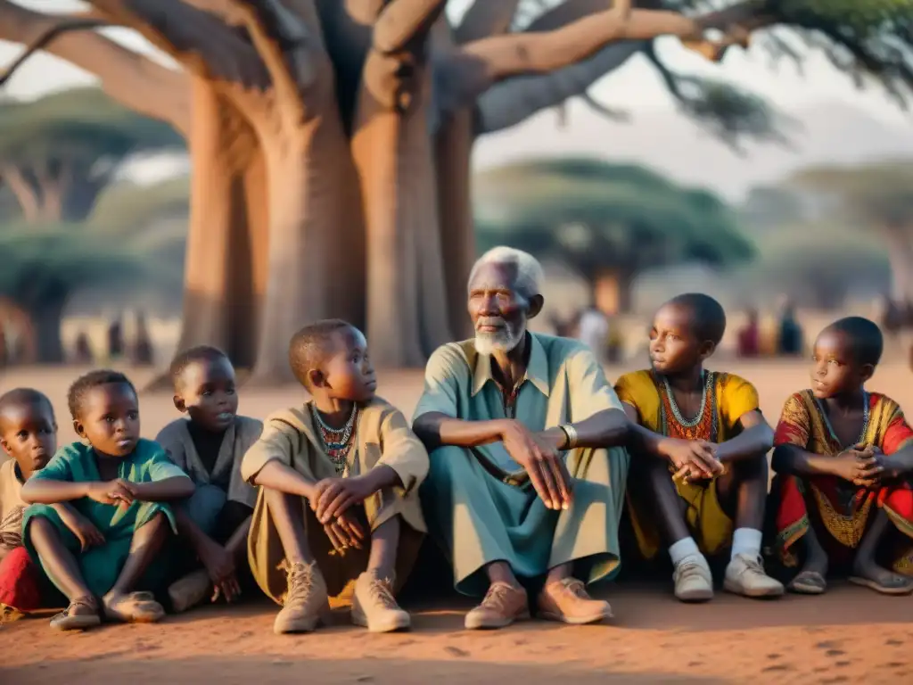 Anciano griot cuenta historias bajo baobab, niños escuchan con asombro y curiosidad