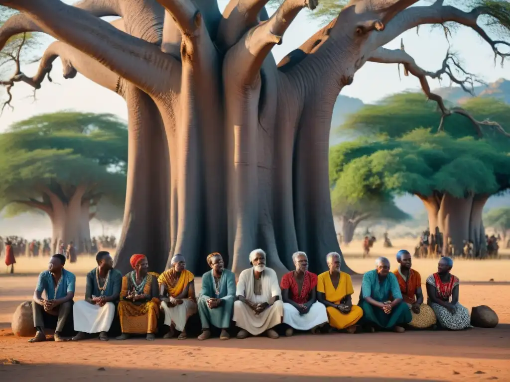 Anciano griot narrando historias bajo un baobab, cautivando a su audiencia