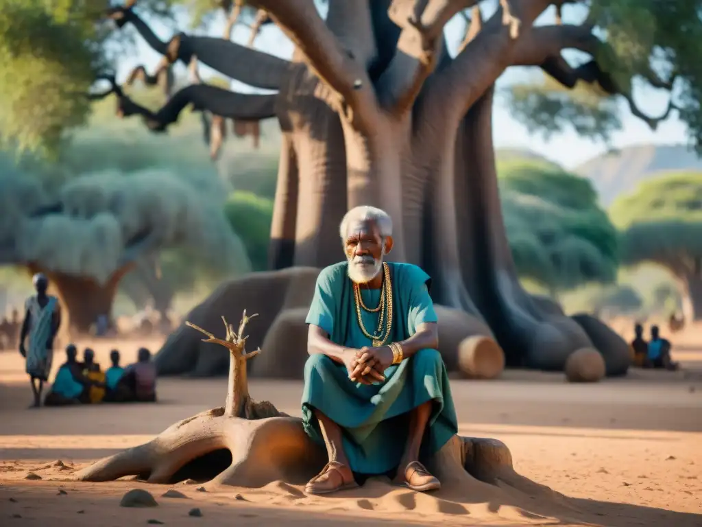 Un anciano griot cuenta historias bajo un baobab, rodeado de aldeanos atentos en África, en un escenario lleno de tradición y sabiduría ancestral